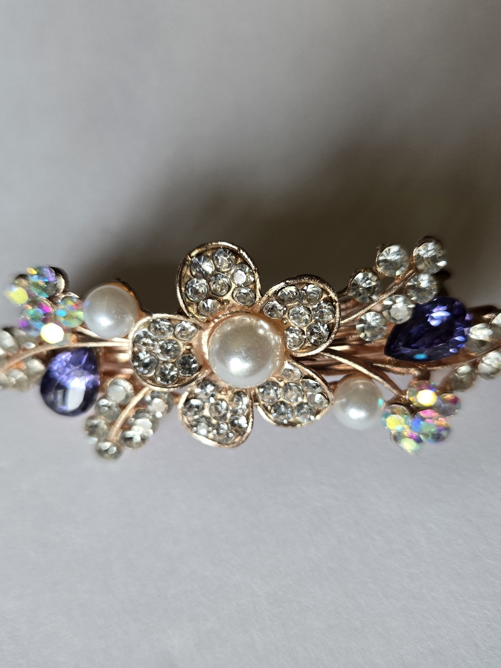 Gold-Tone Floral Hair Clip with Purple Crystals and Pearls